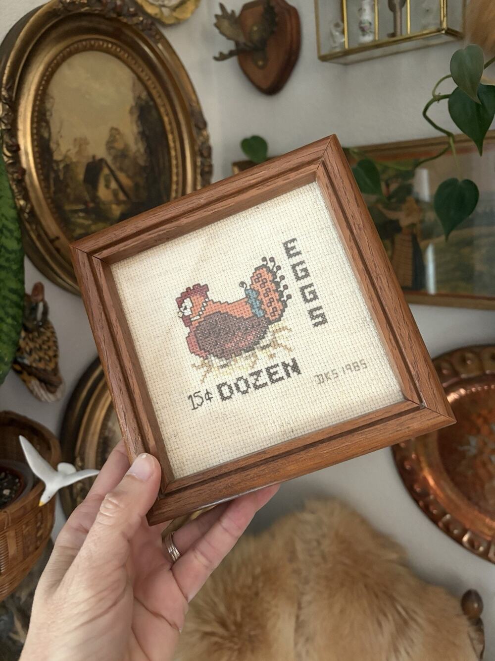 Vintage Chicken Egg Cross Stitch Wood Framed Handmade Cross Stitch Art
